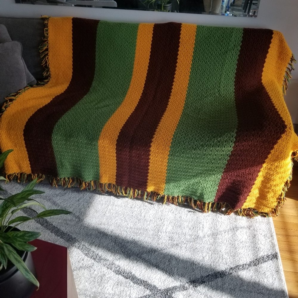 Large Handmade Crochet Afghan Striped Fringe Blanket Brown‎ Yellow Green